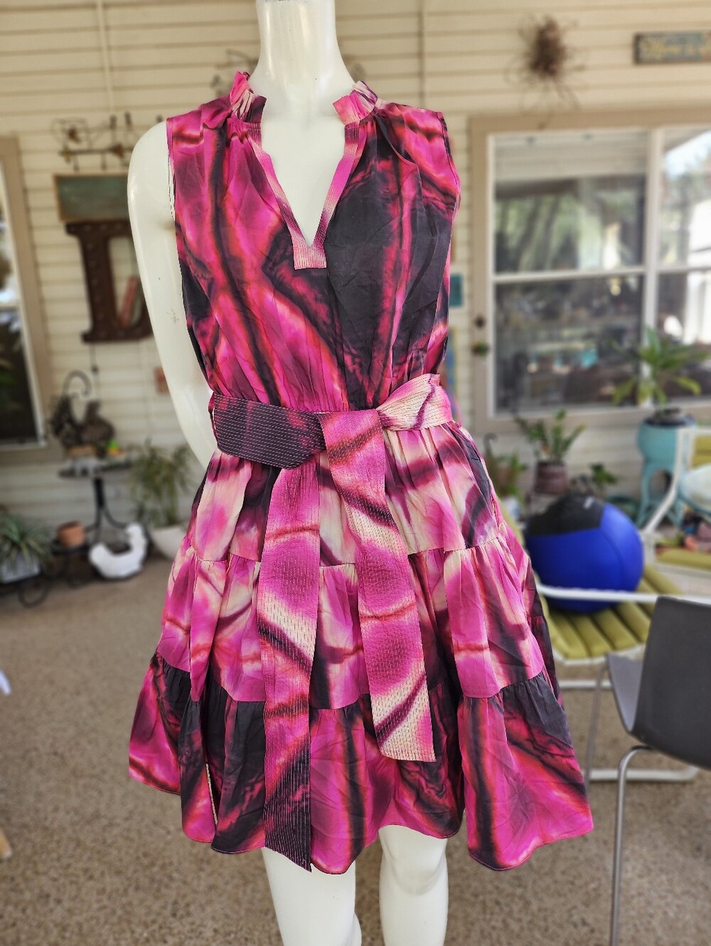 KARINA GRIMALDI Juniper Multicolor Majenta Pink Tie Dye Print Belted Mini Dress